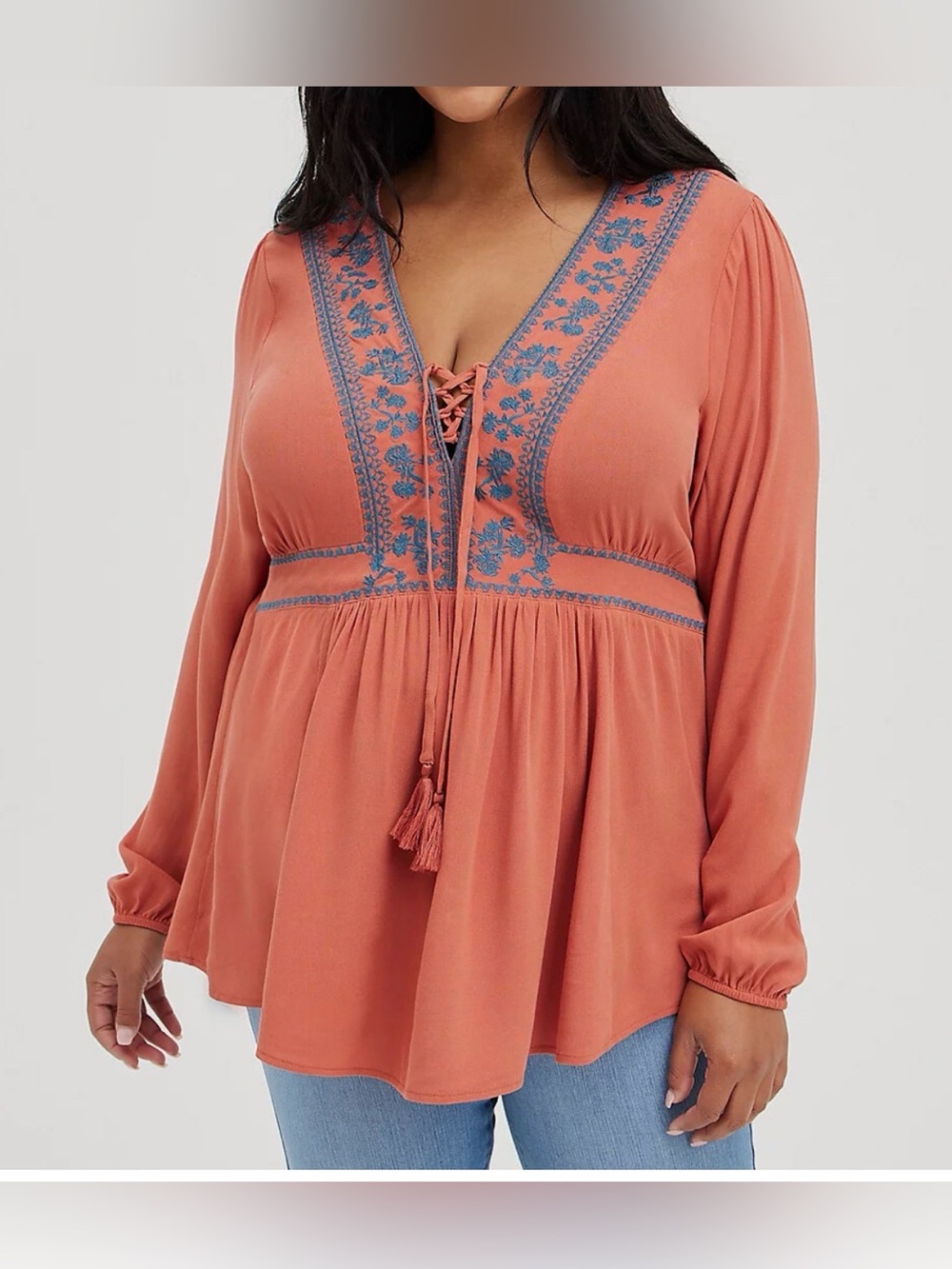 TORRID | Boho Long Sleeve Embroidered Trim V-Neck Top